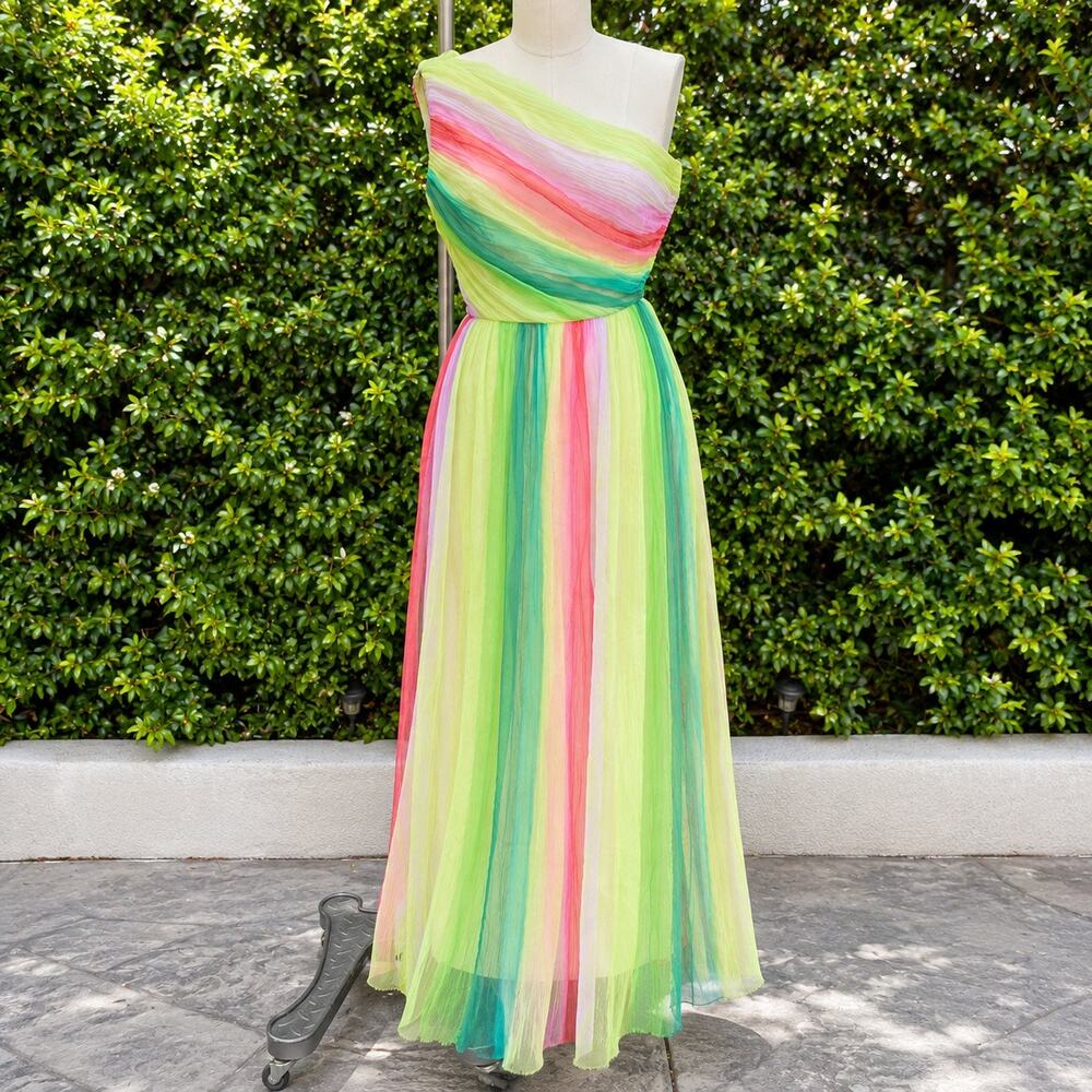 Vintage Jack Bryan One Shoulder Rainbow Chiffon Maxi Dress Sheer Overlay Boho